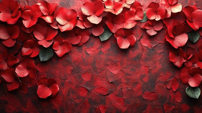 Red hydrangea flowers form a frame on a textured red background. Use it for Valentine's Day, or to add love to your project.