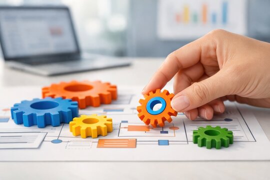 Gears of Progress: A single hand carefully arranges vibrant gears on a blueprint, symbolizing collaboration, problem-solving, and efficient workflow.