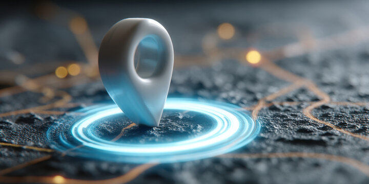 Tracking pin location marker on digital map interface glowing ring pinpointing position with futuristic mood