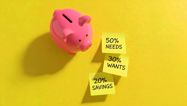 Pink piggy bank rests beside bright yellow sticky notes illustrating a balanced personal finance budget allocation plan for savings needs and wants.