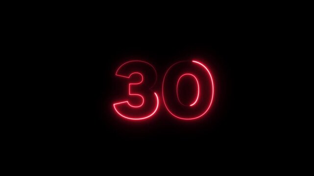 Neon number 30 text outline border frame style animation on black background.