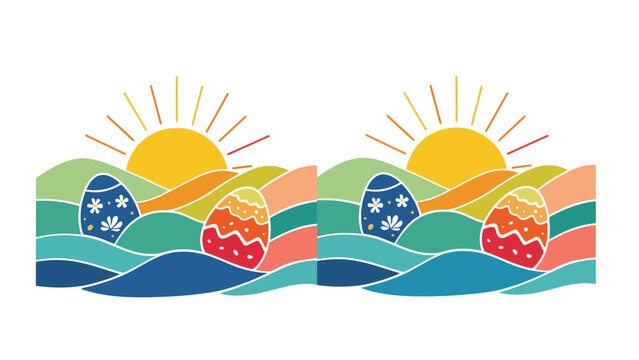 Easter egg illustration with colorful hills and sunrise landscape vector