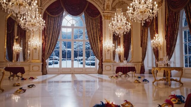 Grand ballroom interior with ornate gilded furniture, chandeliers, and wintery view outside windows