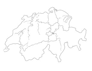 A minimalistic line-art map of Switzerland, showing its outline and internal regional divisions in white