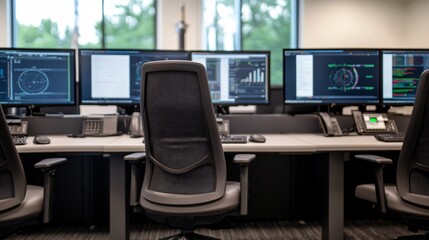 Naklejka premium National integrated air and missile defense monitoring hub with synchronized radar tracking consoles and interception coordination dashboards inside reinforced command architecture.