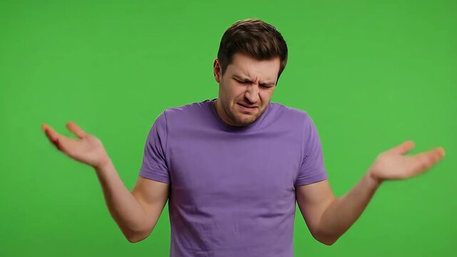 Confused Caucasian Man Wearing a Purple T-Shirt Shrugging Shoulders with Questioning Expression Against a Bright Green Screen Background
