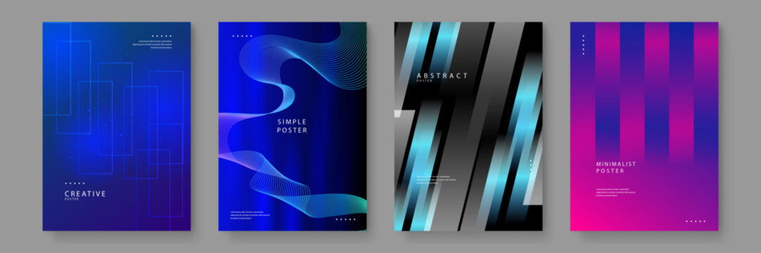 Collection of four futuristic posters featuring blue gradients glowing lines and metallic textures for high tech branding