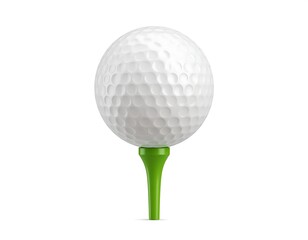 A white dimpled golf ball balances on a green plastic tee, against a plain white backdrop