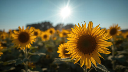 Fototapeta premium Sunflower field summer sun bright yellow petals warm sunlight