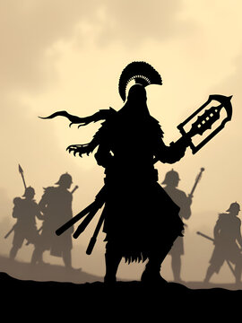Silhouettes of warriors with weapons