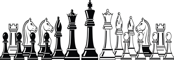Chess Piece Set with King, Queen, Knight, Rook, Bishop, and Pawn Silhouettes, Strategy Game Icons, and Board Game Illustration. © Selina
