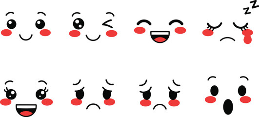 Cute kawaii face expression set vector illustration happy sad sleepy cartoon emoji characters isolated design