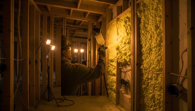 Skilled construction professional diligently applies advanced spray foam insulation to interior walls of a house under construction, enhancing thermal performance and air sealing for long-term energy