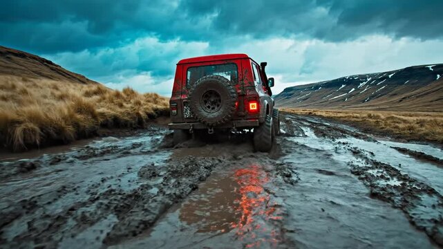 Red off-road vehicle driving through deep muddy trail in wild mountain landscape under dramatic cloudy sky, splashing mud while exploring remote terrain, adventure and extreme off-road concept.