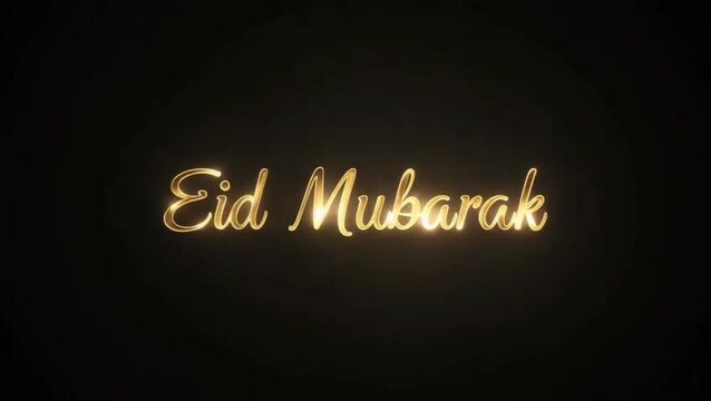 Celebrating Eid Mubarak with elegant golden cursive text on a dark background from a straight-on viewpoint