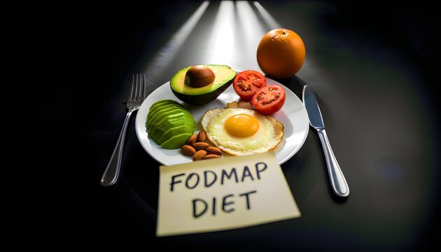 A carefully selected plate of nutritious foods, including a fried egg, sliced avocado, fresh tomatoes, and almonds, clearly labeled for a strict FODMAP diet, emphasizing healthy eating habits and