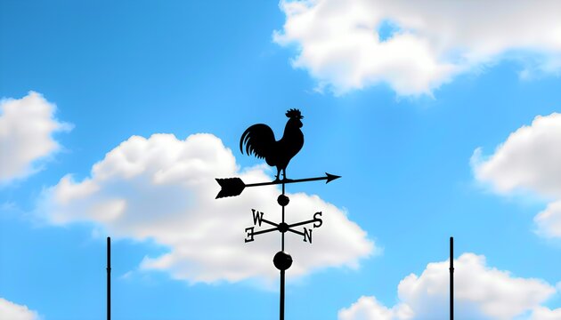 A classic rooster weathervane stands silhouetted majestically against a vibrant blue sky dotted with fluffy white cumulus clouds, precisely indicating the wind's current direction with its ornate