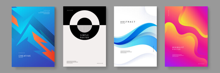 Collection of four professional abstract posters featuring vibrant gradients geometric shapes and minimalist typography for corporate identity or event promotion © Badr Warrior