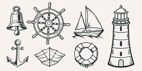 Nautical themed sketch featuring a ship s wheel lighthouse and seafaring elements © Mamata