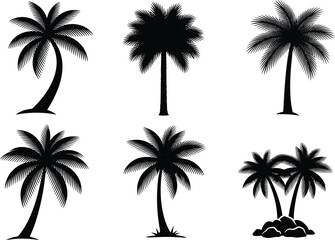Fototapeta premium Palm tree silhouette set vector illustration tropical coconut trees black island nature collection isolated design