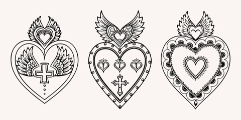 Fototapeta premium Three ornate sacred heart designs with wings and religious symbols