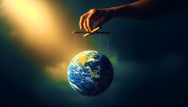 Human hand manipulates planet earth with puppet strings demonstrating themes of global control, power dynamics, destiny, environmental influence, and the impact of humanity on the world's future,