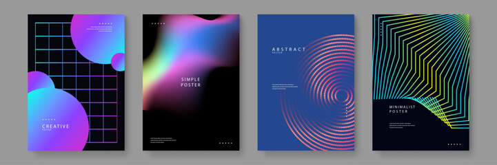 Fototapeta premium Set of four diverse abstract posters featuring cyberpunk retrowave aesthetics with grids spheres and fluid neon gradients on dark backgrounds