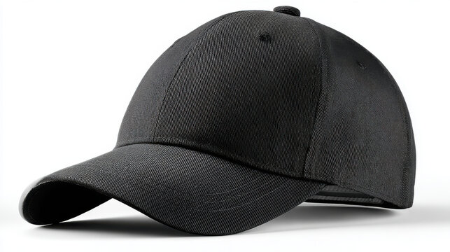A black baseball cap with a curved brim on a white background