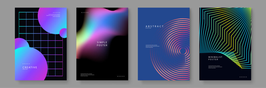 Set of four diverse abstract posters featuring cyberpunk retrowave aesthetics with grids spheres and fluid neon gradients on dark backgrounds