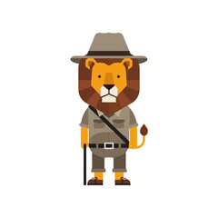 Fototapeta premium Cartoon Lion Safari Explorer Wearing Hat and Uniform