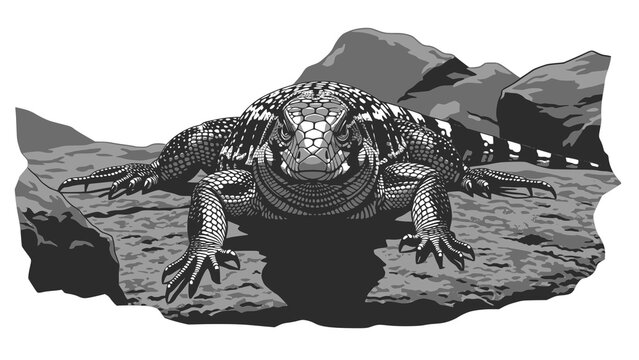 Graphic illustration of a black and white Argentine tegu lizard on a rocky surface: Design for reptile enthusiast apparel, educational wildlife posters, or exotic pet care branding. Transparent PNG.