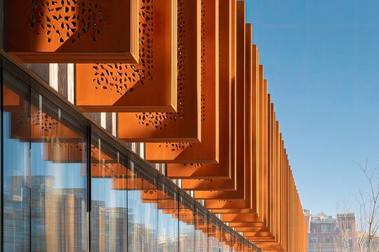 Vertical Aluminum Brise Soleil Fins Against Clear Blue Sky