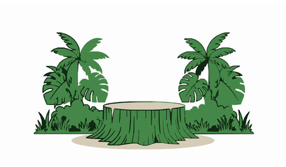 Natural Tree Stump Stage with Tropical Green Plant Backdrop Vector Display Podium on White © Md