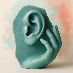 Turquoise Ear Sculpture with Hand – Conceptual Listening and Communication Art