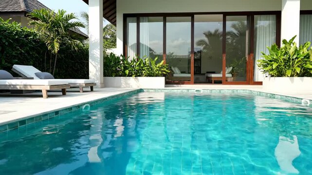 A luxurious outdoor scene with a pool, loungers, and tropical plants