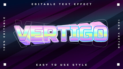 Editable retro text effect featuring the word VERTIGO with a vibrant, holographic, and psychedelic style on a dark, cosmic background