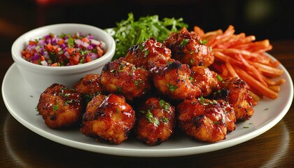 Fototapeta premium Delicious glazed chicken bites, sweet potato fries and fresh salsa on plate. Perfect for restaurant menus or food blog articles to entice viewers.