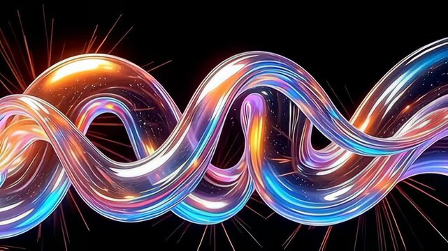 With a smooth transition from left to right, iridescent vitamin fluid twisting in air intertwines and morphs into hypnotic shapes, each glimmering with color against the pure black backdrop,