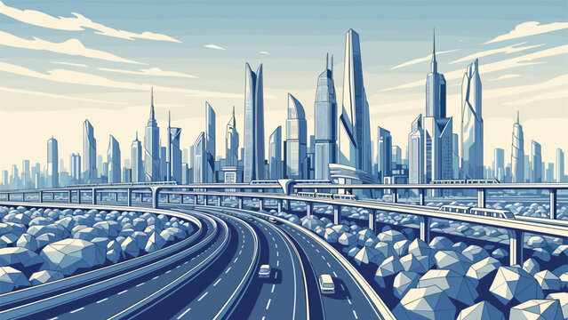 Spectacular futuristic city skyline featuring advanced skyscrapers, elevated monorails, and multi-lane highways in a clean blue tone.