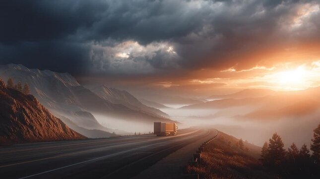 Cargo truck driving along mountain highway under dramatic sky, logistics transport concept, freight delivery and supply chain route.