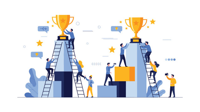 Concept illustration of ambitious people climbing ladders and structures to reach massive golden trophies representing success and achievement.
