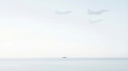 Obraz premium Three aircraft flying in formation over a vast ocean with a small island in the distance viewed from a high altitude