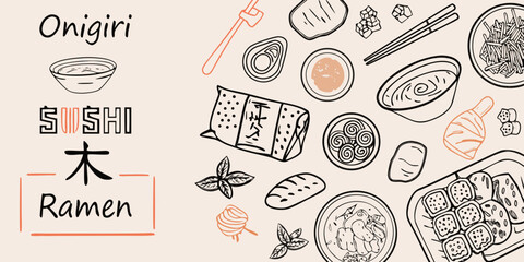 Japanese cuisine illustration featuring sushi ramen and onigiri doodles © Poly