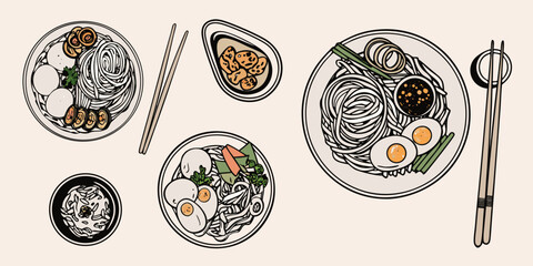 Overhead view of various noodle and rice dishes with utensils