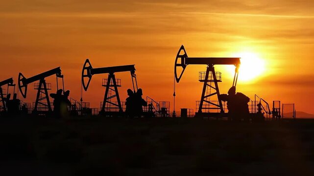 Silhouette of Oil Pumps at Sunset