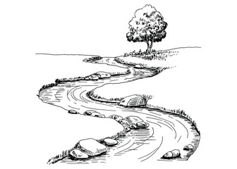 Hand drawn winding river landscape sketch with tree and stones, black and white nature illustration in vintage engraving style vector design. © Khoteza