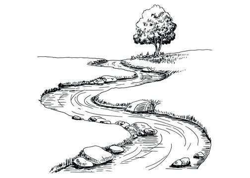 Hand drawn winding river landscape sketch with tree and stones, black and white nature illustration in vintage engraving style vector design.