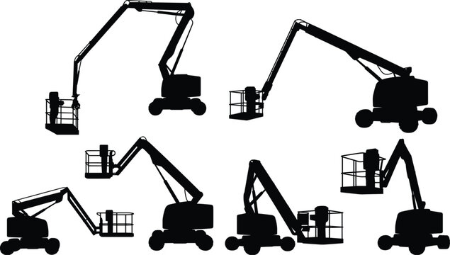 Six black and white silhouettes of different types of cherry pickers with extended arms and platforms