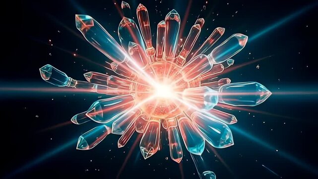 A radiant burst of energy emanates as crystallized vitamin shards orbiting core explode outward, their crystalline forms catching beams of imaginary light, refracting a palette of rich reds