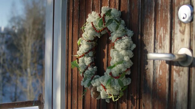 Wreath on a door as a winter decoration.